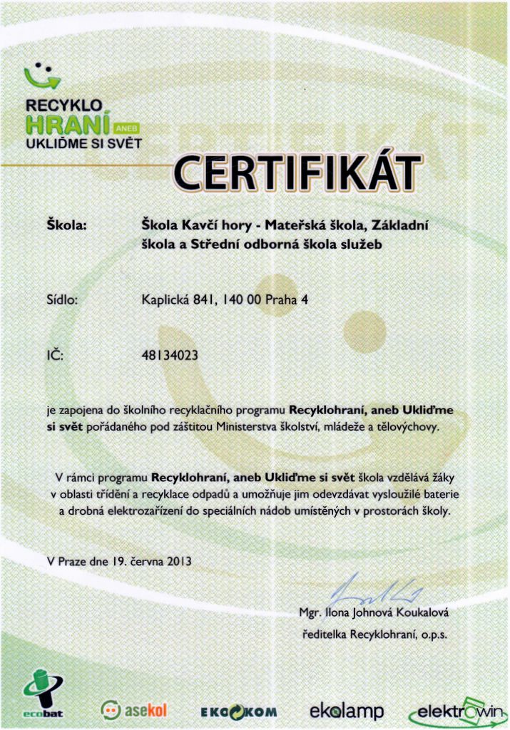 Certifikát Recykohraní